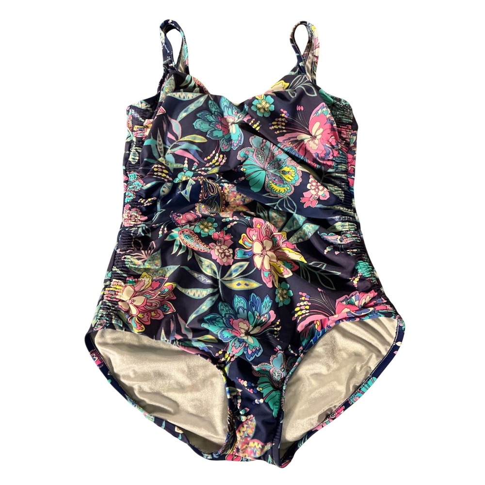 Maxine of Hollywood Floral Paisley One Piece Swimsuit Navy Blue Ruched Womens 12